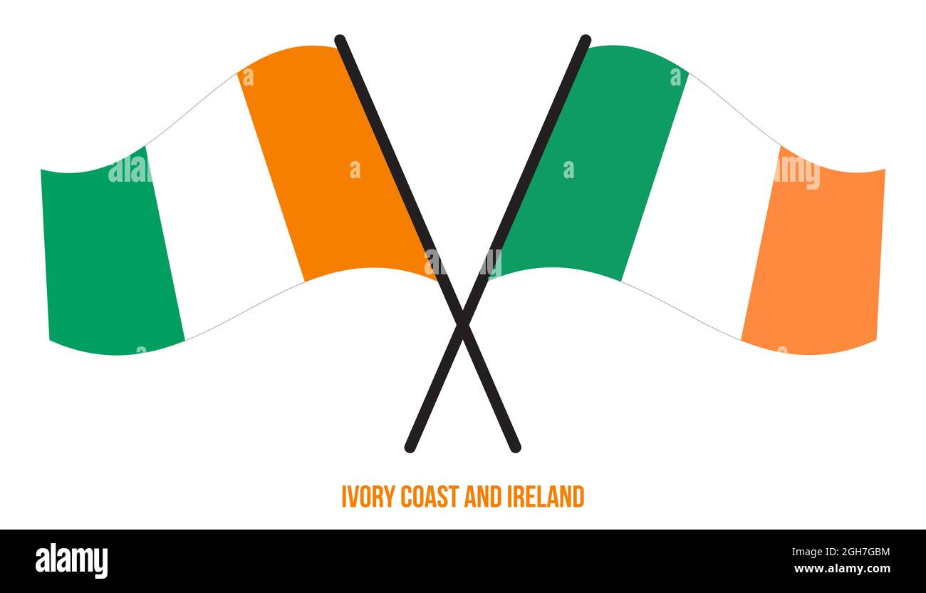 Drapeaux de Côte d'Ivoire et d'Irlande croisés et ondulés de style plat ...