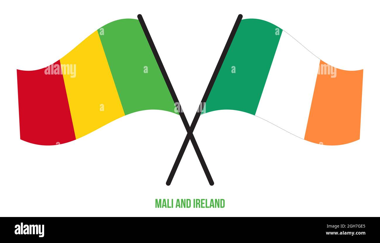 Mali et Irlande drapeaux croisés et ondulant le style plat. Proportion officielle. Corriger les couleurs. Banque D'Images