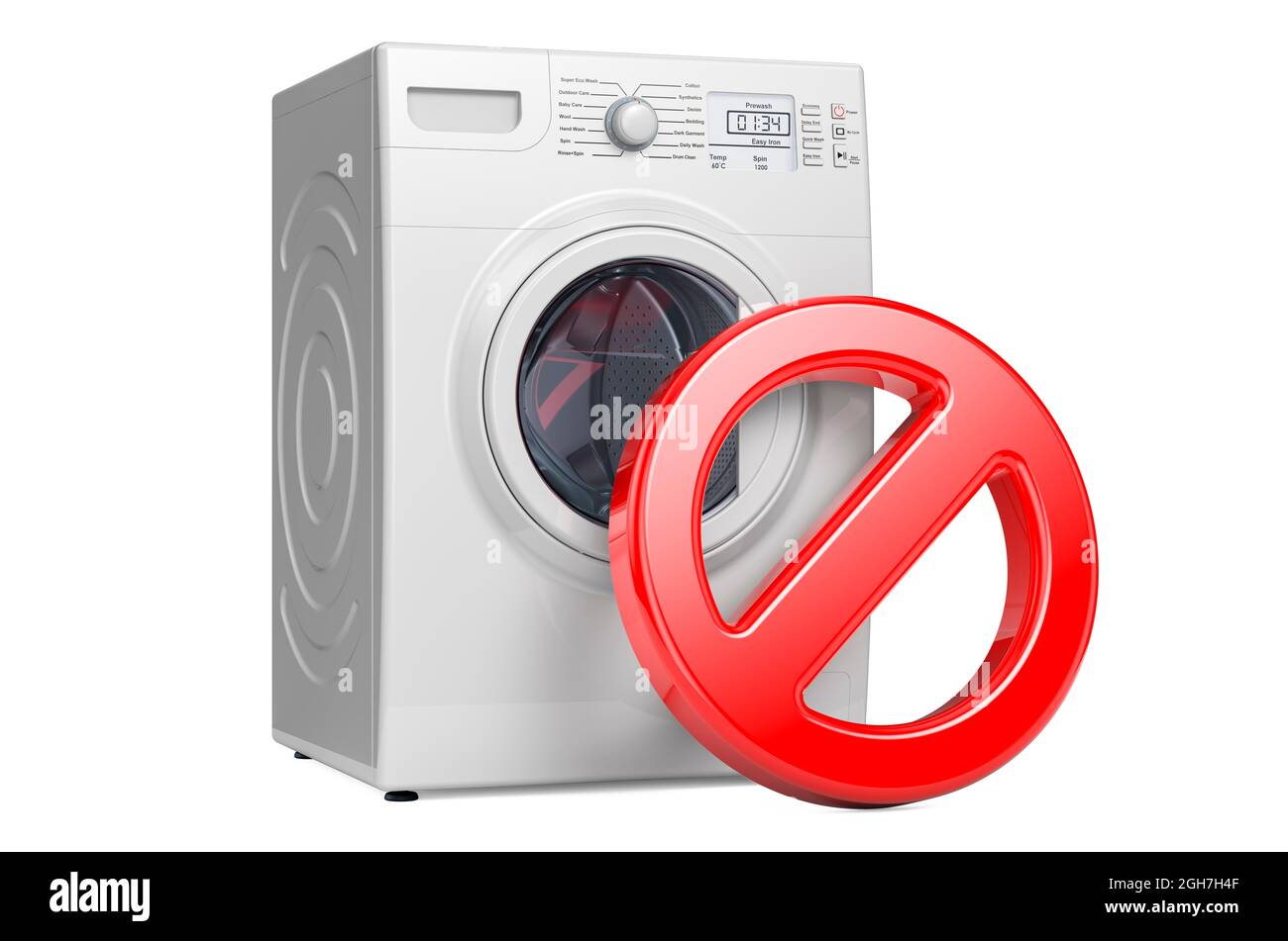 Ne pas laver en machine. Symbole d'interdiction avec machine à laver, rendu 3D isolé sur fond blanc Banque D'Images