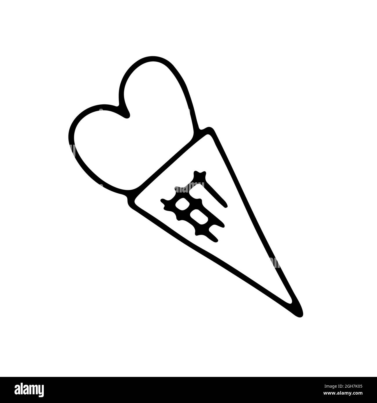 Doodle glace dans le cône de gaufre en forme de coeur isolé sur fond blanc. Contour des desserts glacés à la main pour la fête des enfants, Pâques, bi Illustration de Vecteur