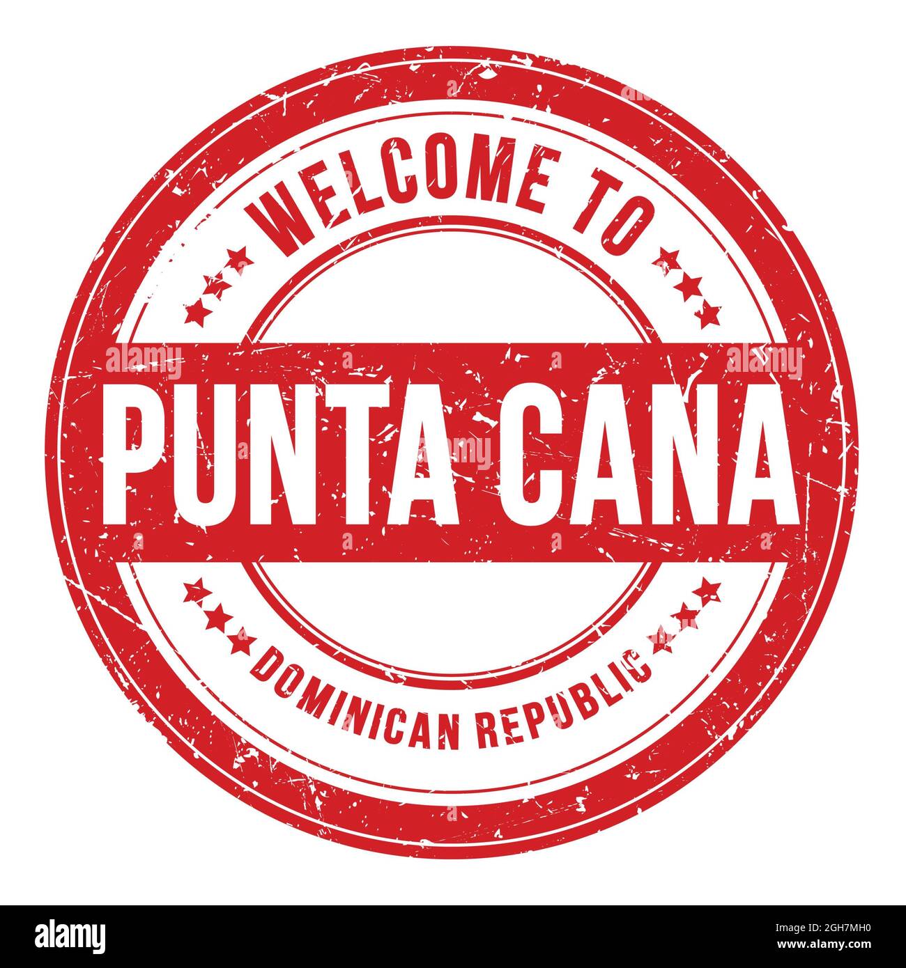BIENVENUE À PUNTA CANA - RÉPUBLIQUE DOMINICAINE, mots écrits sur le timbre rouge rond à pièces Banque D'Images
