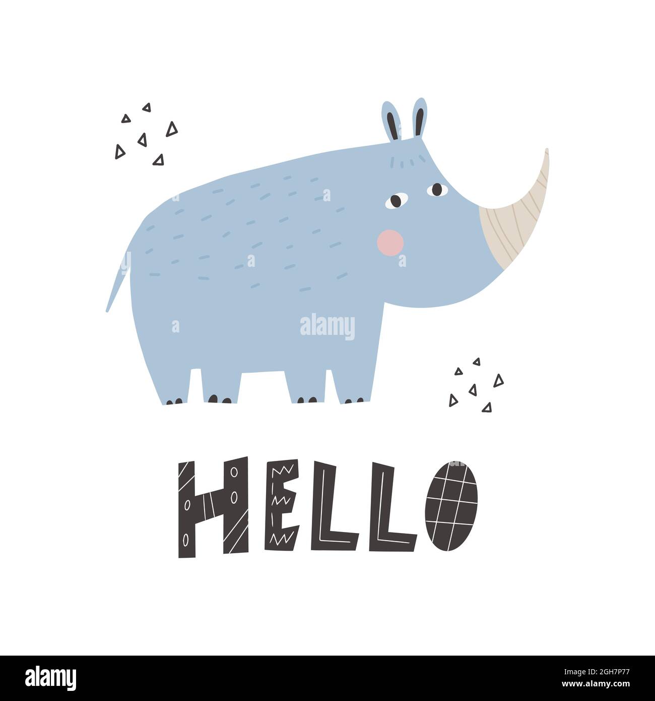 Mignon rhinocéros d'animaux africains de style scandinave avec lettrage - Bonjour. Vecteur rhinocéros simple de couleur dessinés à la main pour enfants. Animal de bande dessinée. Illustration de Vecteur