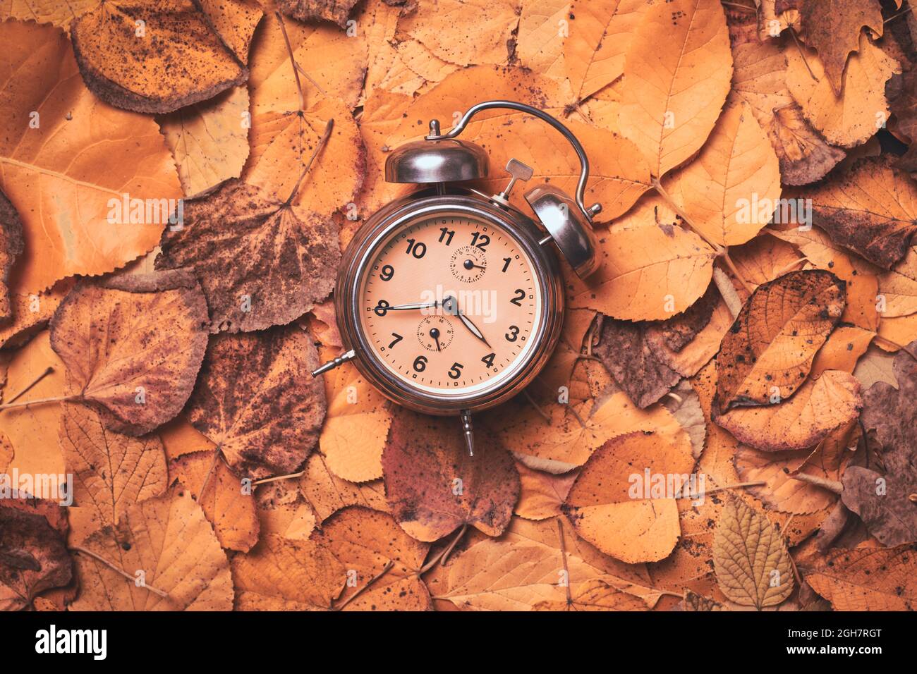 Réveil rétro sur pile de feuilles d'automne sèches pour changer l'heure d'été en automne, vue de dessus à plat Banque D'Images