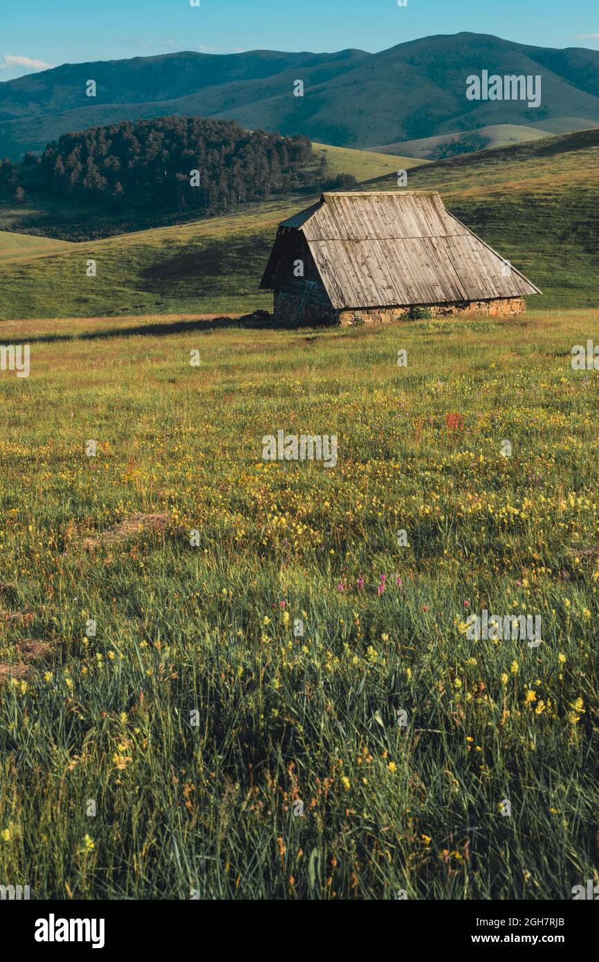 Shepherd Cottage sur la colline de Zlatibor en Serbie, beau paysage avec ciel bleu Banque D'Images
