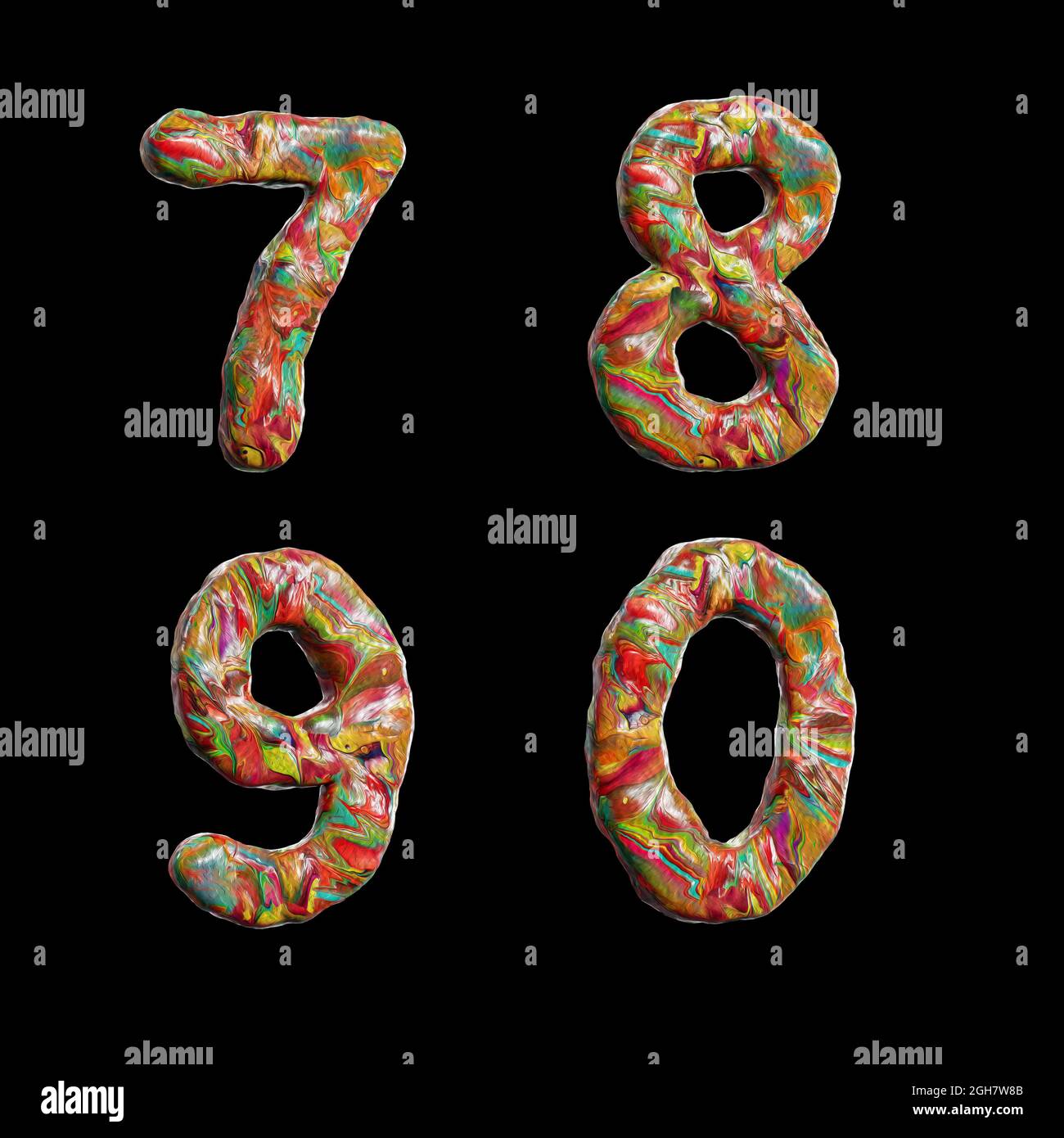 Rendu 3D de la peinture à l'huile multicolore splotchy alphabet - chiffres 7-0 Banque D'Images