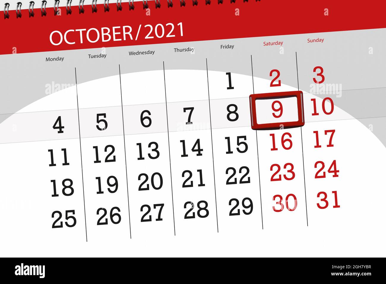 Calendrier du mois octobre 2021, date limite, 9, samedi. Banque D'Images