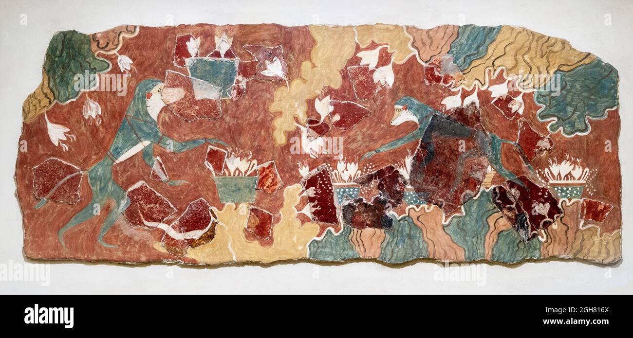 Fresque Minoenne, représentant des singes collectant du safran, l'une des plus anciennes peintures murales encore en vie du palais de Knossos, période Minoan III moyen (env. 1 Banque D'Images