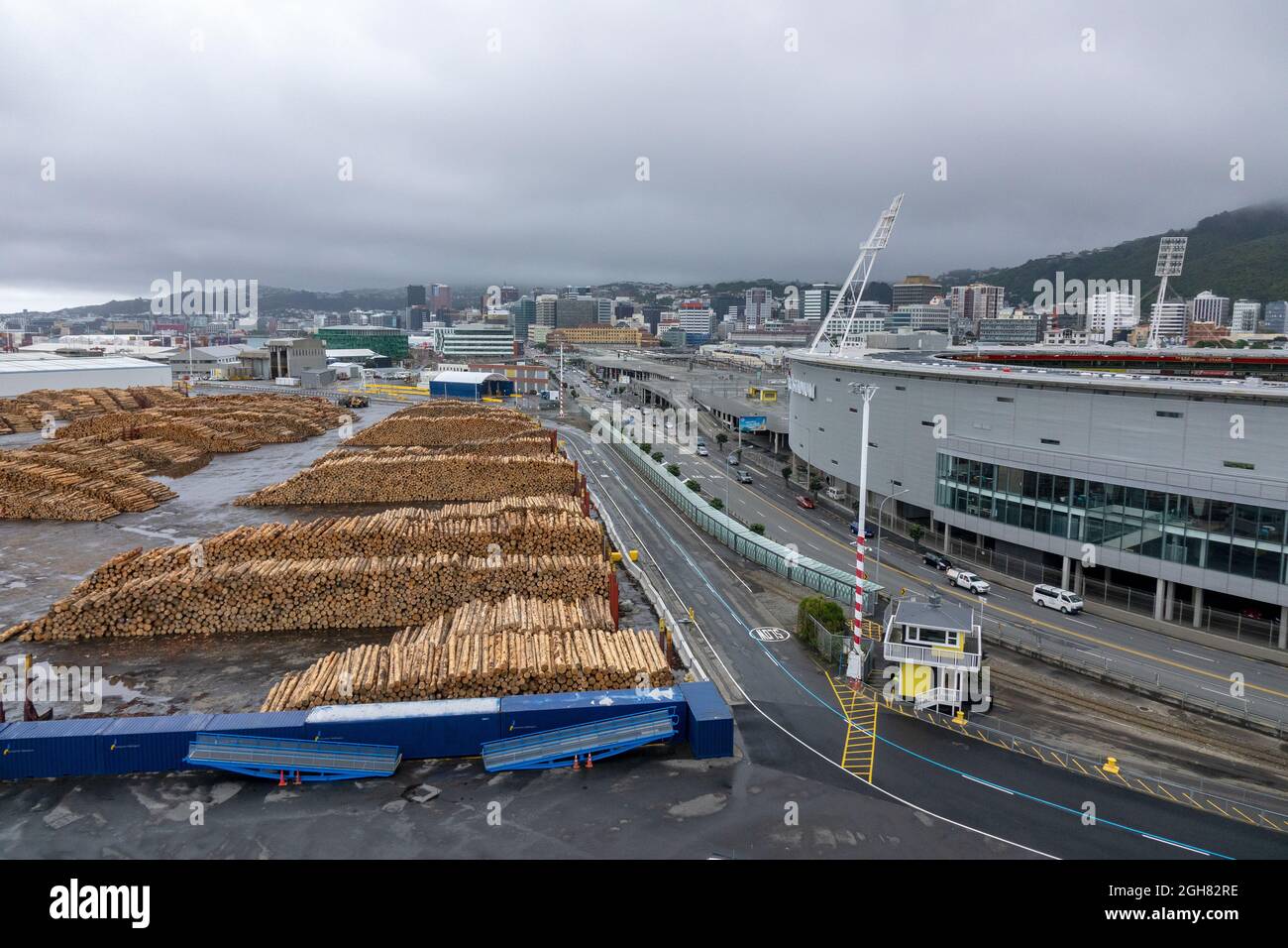 Bois de bois dans le port de Wellington Nouvelle-Zélande exportations de bois Stade régional de Wellington, Westpac maintenant connu sous le nom de Sky Stadium Banque D'Images