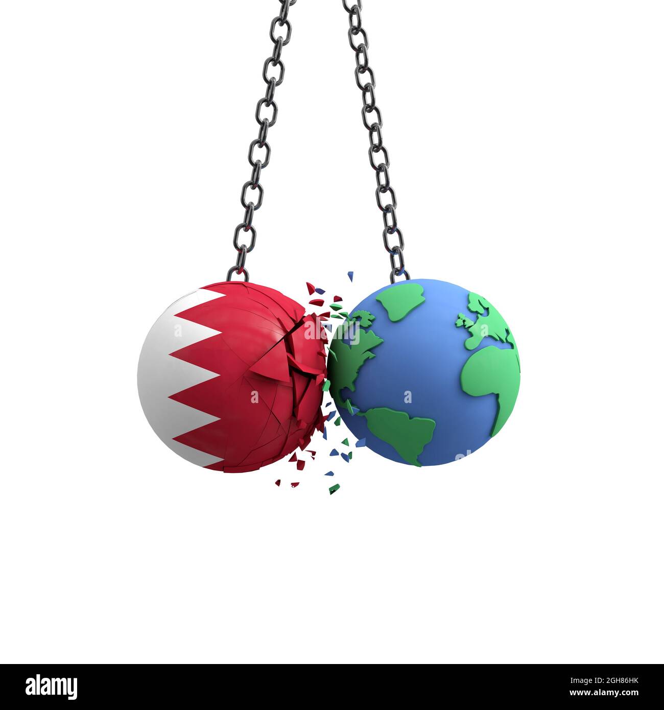 Le ballon de drapeau de Bahreïn frappe la planète terre. Concept d'impact sur l'environnement. Rendu 3D Banque D'Images
