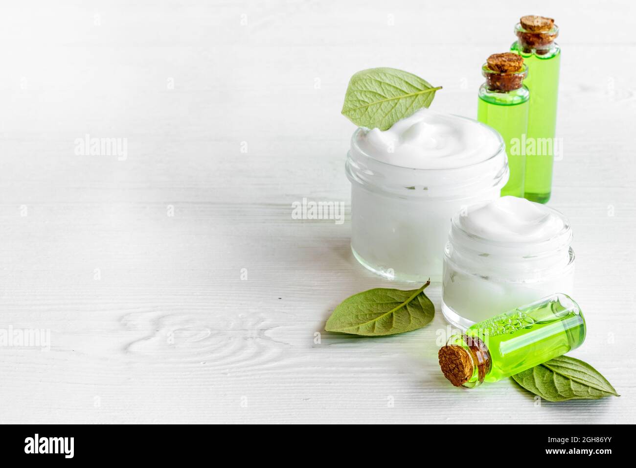 Huile d'arôme de thé vert et cosmétique avec feuille d'arbre à thé Banque D'Images