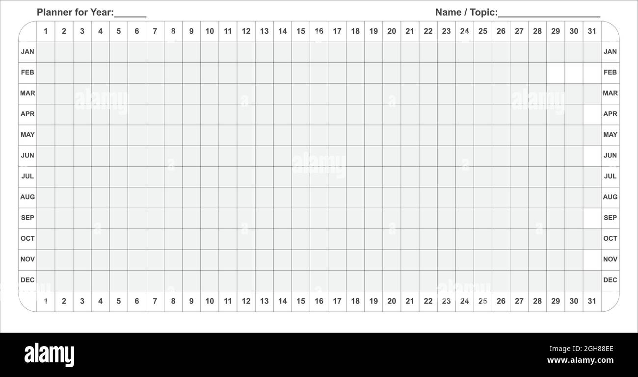 Noir et blanc Common horizontal Planner peut être utilisé pour n'importe quelle année et n'importe où dans le monde et peut être imprimé le fichier vectoriel dans n'importe quelle taille selon les besoins Illustration de Vecteur