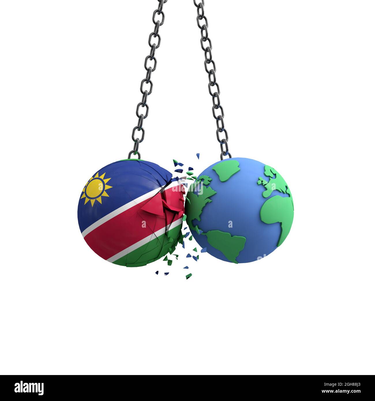 La boule de drapeau de Namibie frappe la planète terre. Concept d'impact sur l'environnement. Rendu 3D Banque D'Images