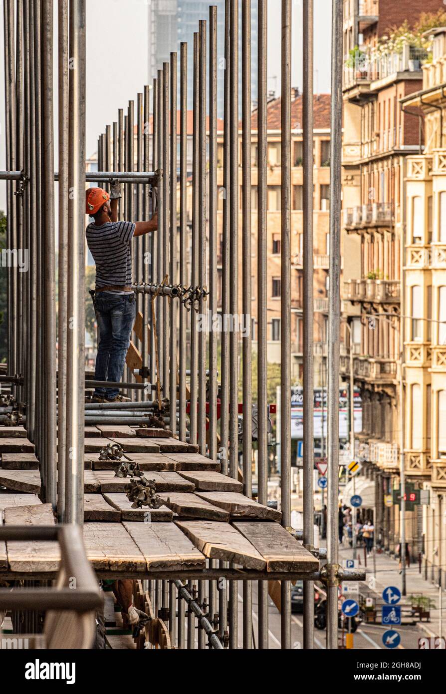 Italie Piémont Turin bâtiment restauration de façade travaux de construction dans la via Nizza Banque D'Images