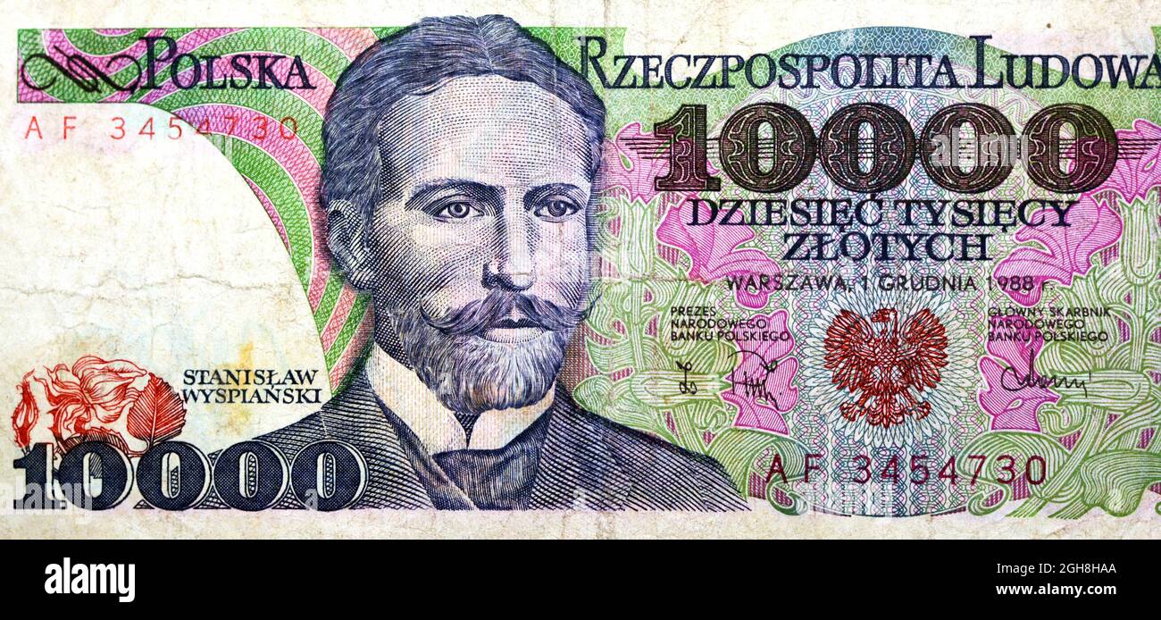 Grand fragment de côté opposé de 10000 dix mille monnaie polonaise de billets de banque Zlotych, année 1988 avec le portrait de Stanisław Wyspiański, vieux Zloty Banque D'Images