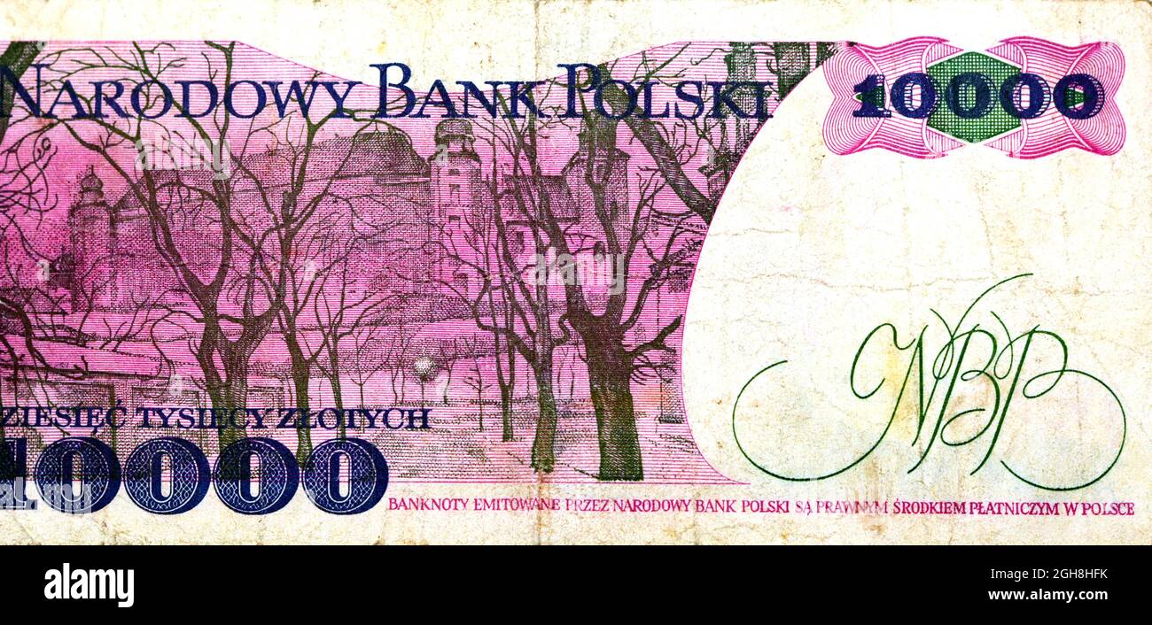 Grand fragment de côté opposé de 10000 dix mille vieux monnaie de billet de banque polonais Zlotych, année 1988 présente des arbres et un bâtiment, vieux monnaie de Zloty, P Banque D'Images