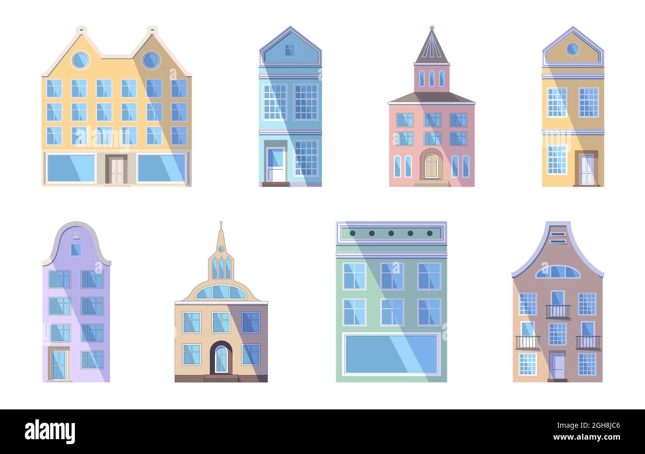 Ensemble de vieilles maisons, boutiques et usines européennes aux couleurs vives dans le style traditionnel de la ville hollandaise. Illustration vectorielle dans le style plat isolé sur Illustration de Vecteur