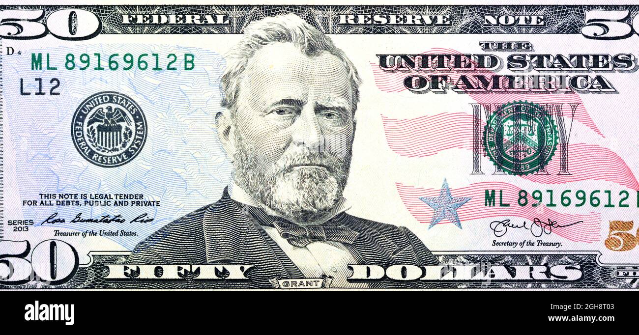 Côté opposé du portrait de 50 dollars, fond de cinquante dollars américains, foyer sélectif, billet de banque de dollars américains Banque D'Images