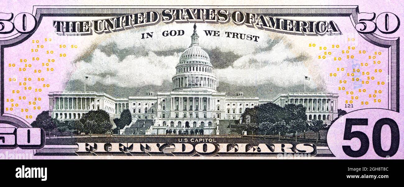 Verso du portrait de 50 dollars, fond de cinquante dollars américains, foyer sélectif, billet de banque en dollars américains Banque D'Images