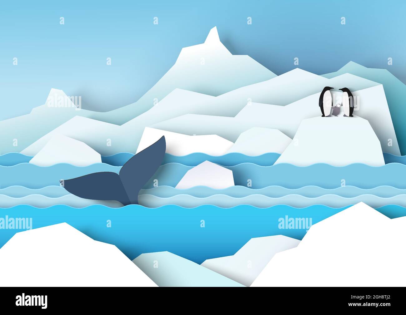 Paysages antarctiques avec glaciers, icebergs, famille de pingouins et baleine, illustration vectorielle de la coupe de papier. La faune de l'Antarctique Illustration de Vecteur