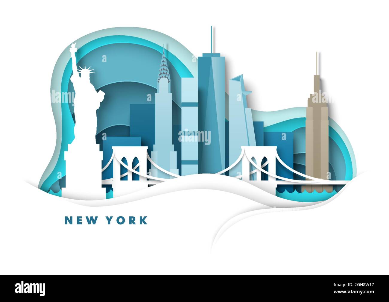 Horizon de New York, illustration vectorielle en format papier. Statue de la liberté, pont, monuments de renommée mondiale. Voyages internationaux. Illustration de Vecteur