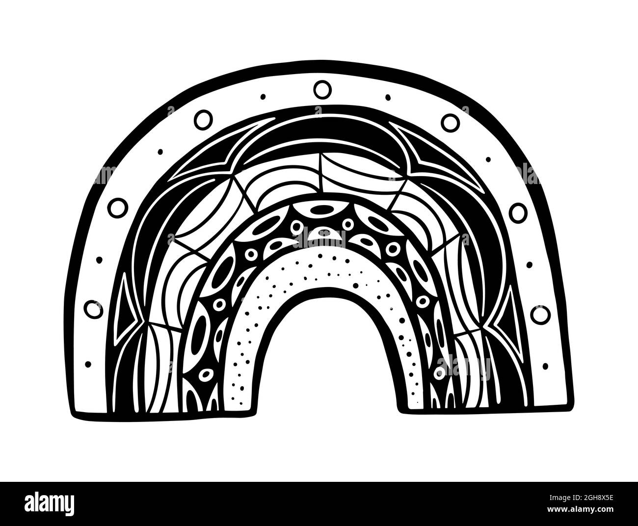 Arc-en-ciel dessiné à la main avec ornements. Forme noire sur fond blanc. Illustration vectorielle. Illustration de Vecteur