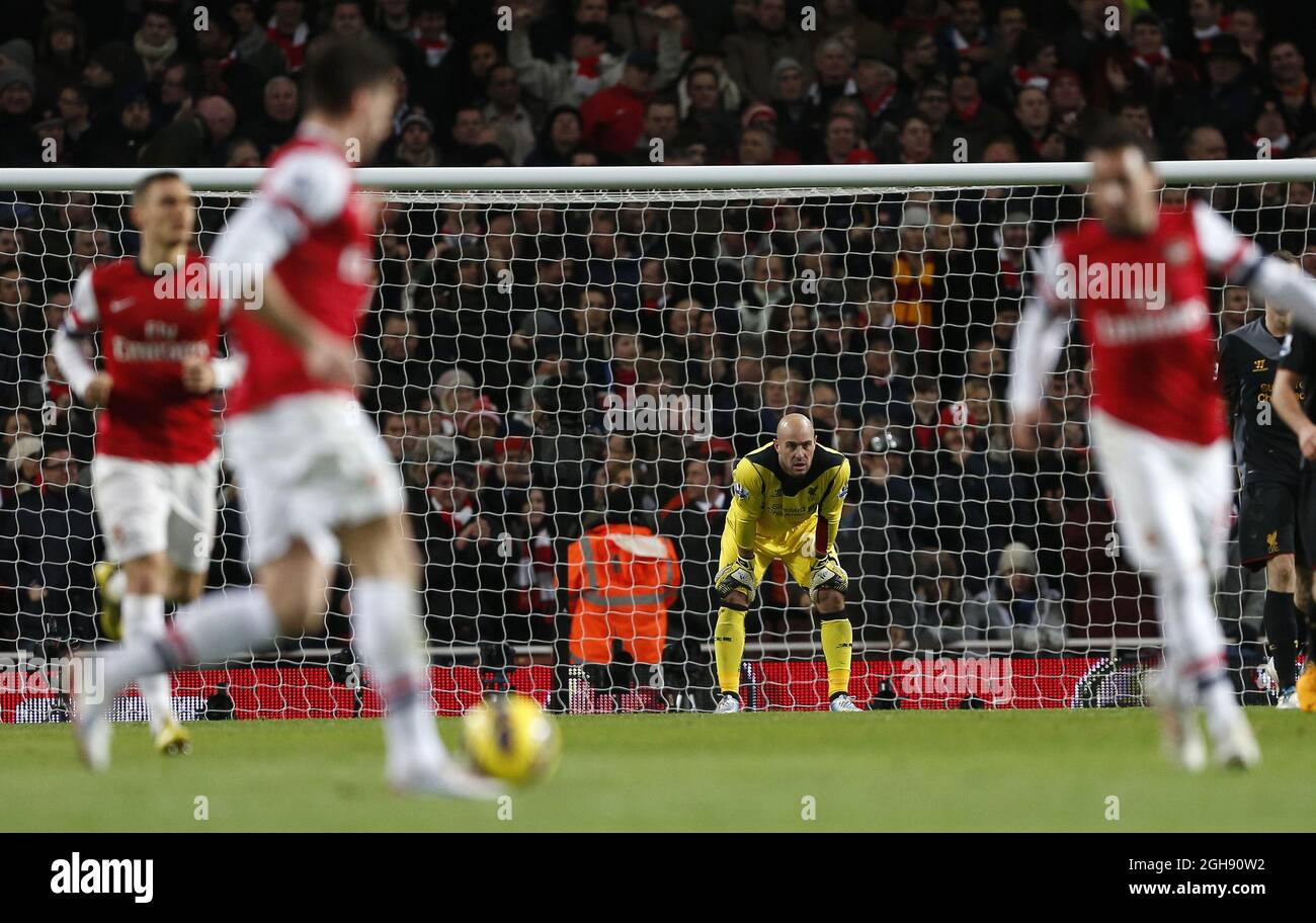 Olivier Giroud, d'Arsenal, célèbre son but d'ouverture tandis que Pepe Reina, de Liverpool, semble abattu lors du match de la Barclays Premier League entre Arsenal et Liverpool au stade Emirates de Londres, le 30 janvier 2013. Banque D'Images