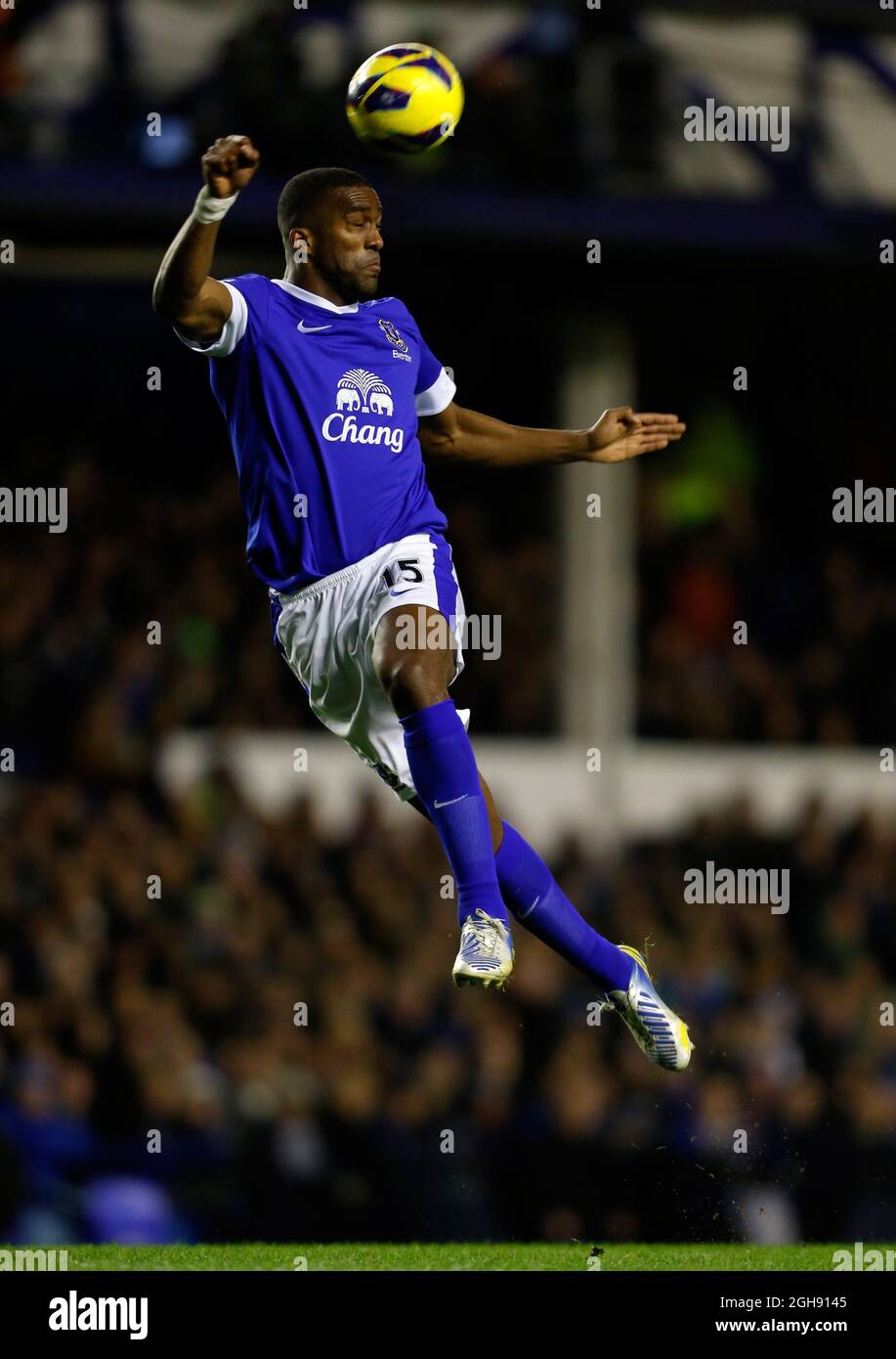 Sylvain Distin d'Everton en action pendant le match de la Barclays Premier League entre Everton et West Bromwich Albion au Goodison Park à Liverpool le 30 janvier 2013. Banque D'Images