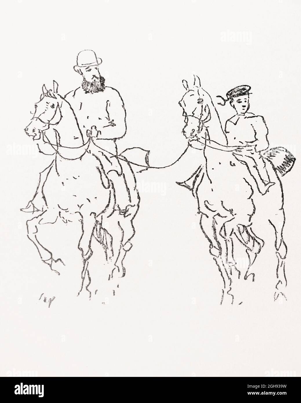 Henri Toulouse-Lautrec, 1864 - 1901, artiste postimpressionniste français, équitation à cheval avec son père vers 1875. Après une esquisse de René Princeteau. Princeteau, 1843 - 1914, un sourd-muet de naissance était bien connu comme un peintre équestre. Il était un ami du père de Lautrec, Alphonse, et avait une influence sur le jeune Henri. Banque D'Images