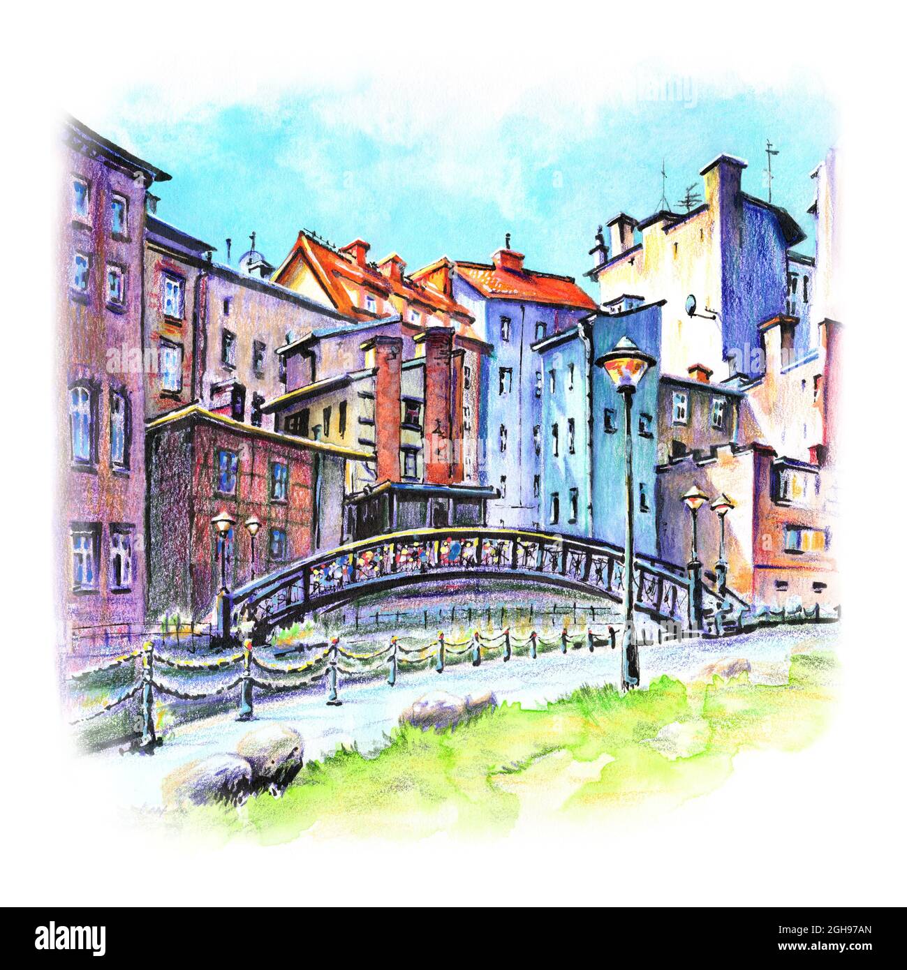 Croquis aquarelle des maisons de tenement à Bydgoszcz Venise, la vieille ville de Bydgoszcz sur la rivière Mlynowka, Pologne Banque D'Images