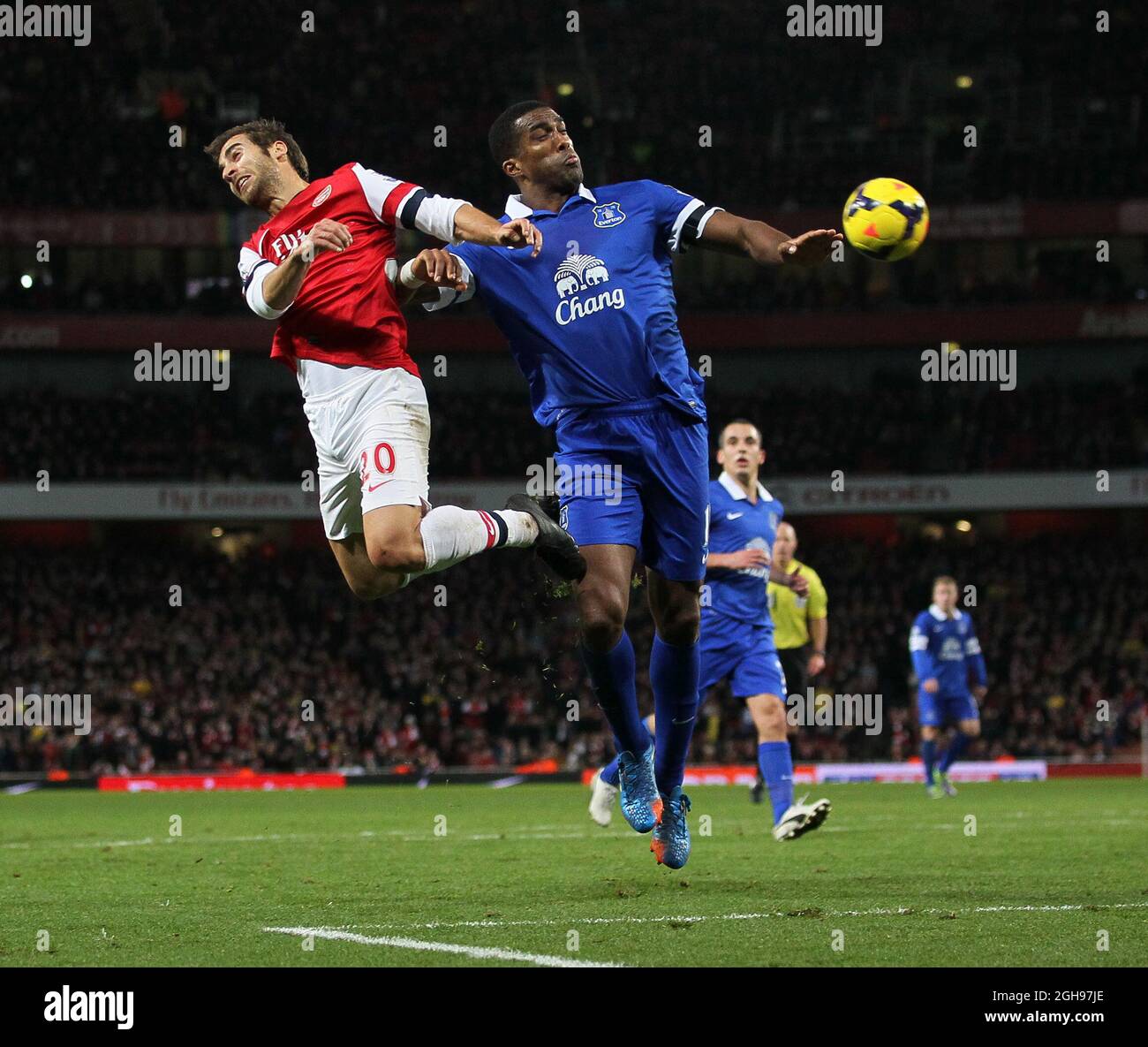 Mathieu Flamini d'Arsenal se trouve aux côtés de Sylvain Distin d'Everton lors du match de la Barclays Premier League entre Arsenal et Everton qui s'est tenu au stade Emirates à Londres, en Grande-Bretagne, le 8 décembre 2013. David Klein. Banque D'Images