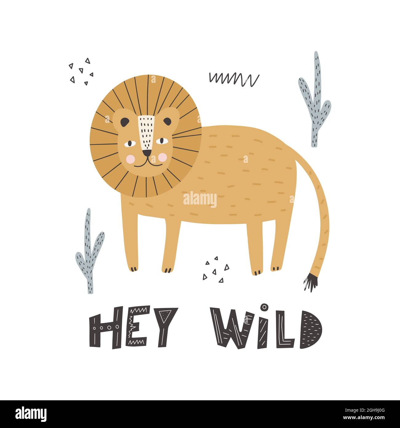 Joli lion animal de style scandinave avec lettrage - Hey Wild. Le lion simple des enfants de couleur vectorisé à la main. Animal de bande dessinée Illustration de Vecteur
