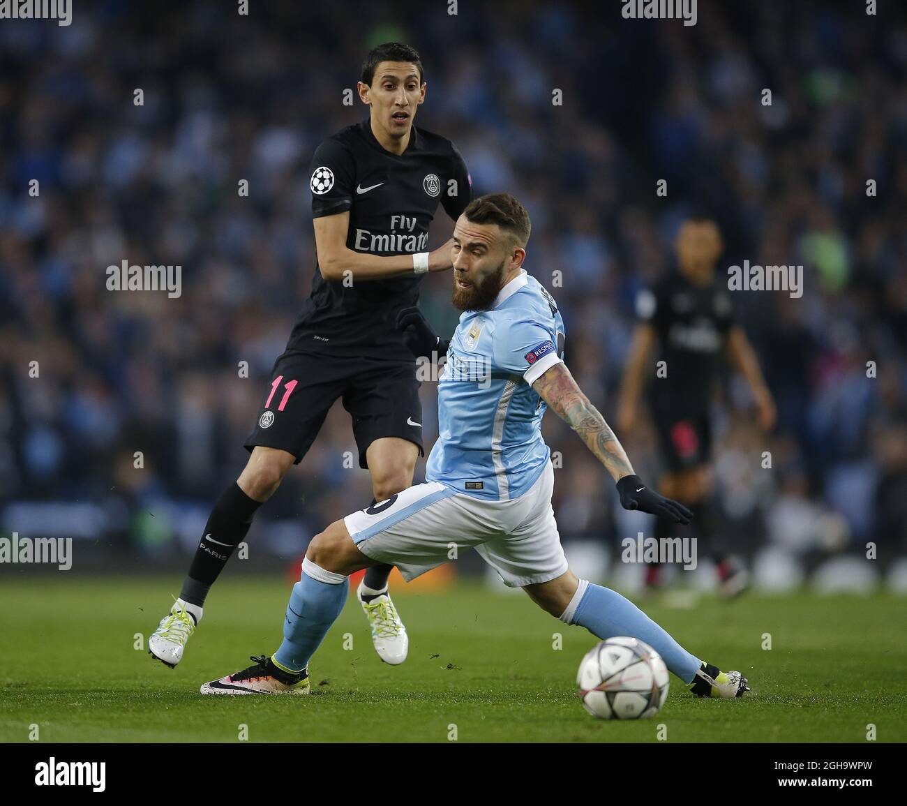 Angel Di Maria de Paris Saint Germain et Nicolas Otamendi de Manchester City lors du match de la Ligue des champions de l'UEFA au stade Etihad. Le crédit photo doit se lire comme suit : Simon Bellis/Sportimage via PA Images Banque D'Images