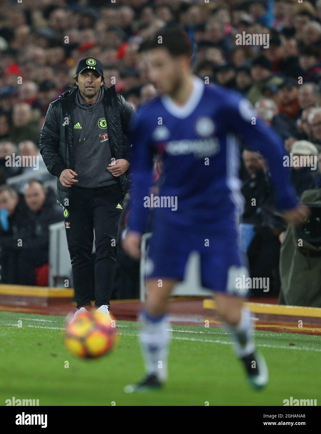 Antonio Conte, directeur de Chelsea, lors du match de la première ligue anglaise à l'Anfield Stadium, Liverpool. Date de la photo : 31 janvier 2017. Photo Simon Bellis/Sportimage via PA Images Banque D'Images