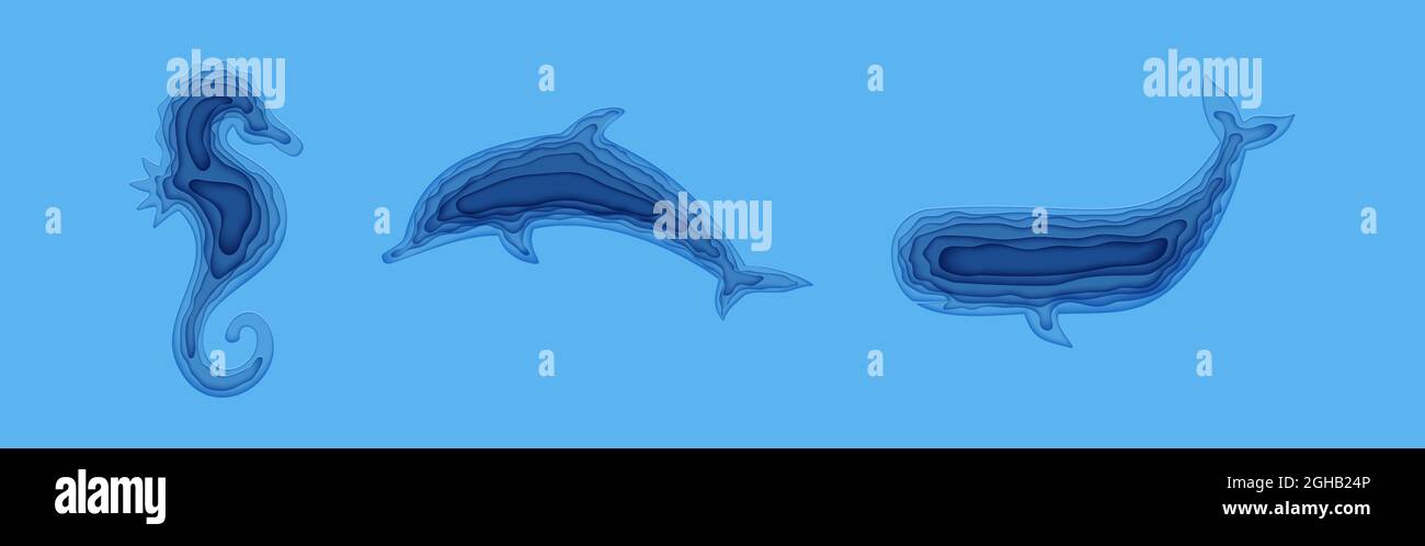 Mettez en place la silhouette d'un cheval de mer sautant un dauphin en feuille de papier. Collection papercut 3d élément marine vie. Artisanat carton sous l'océan Illustration de Vecteur
