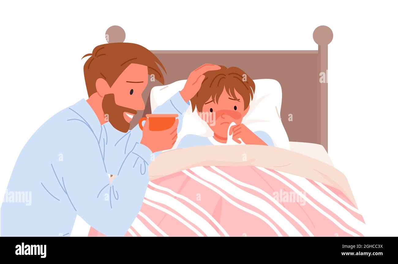 Père aidant de son malade, garçon couché dans le lit, papa tenant une tasse, assis au chevet Illustration de Vecteur