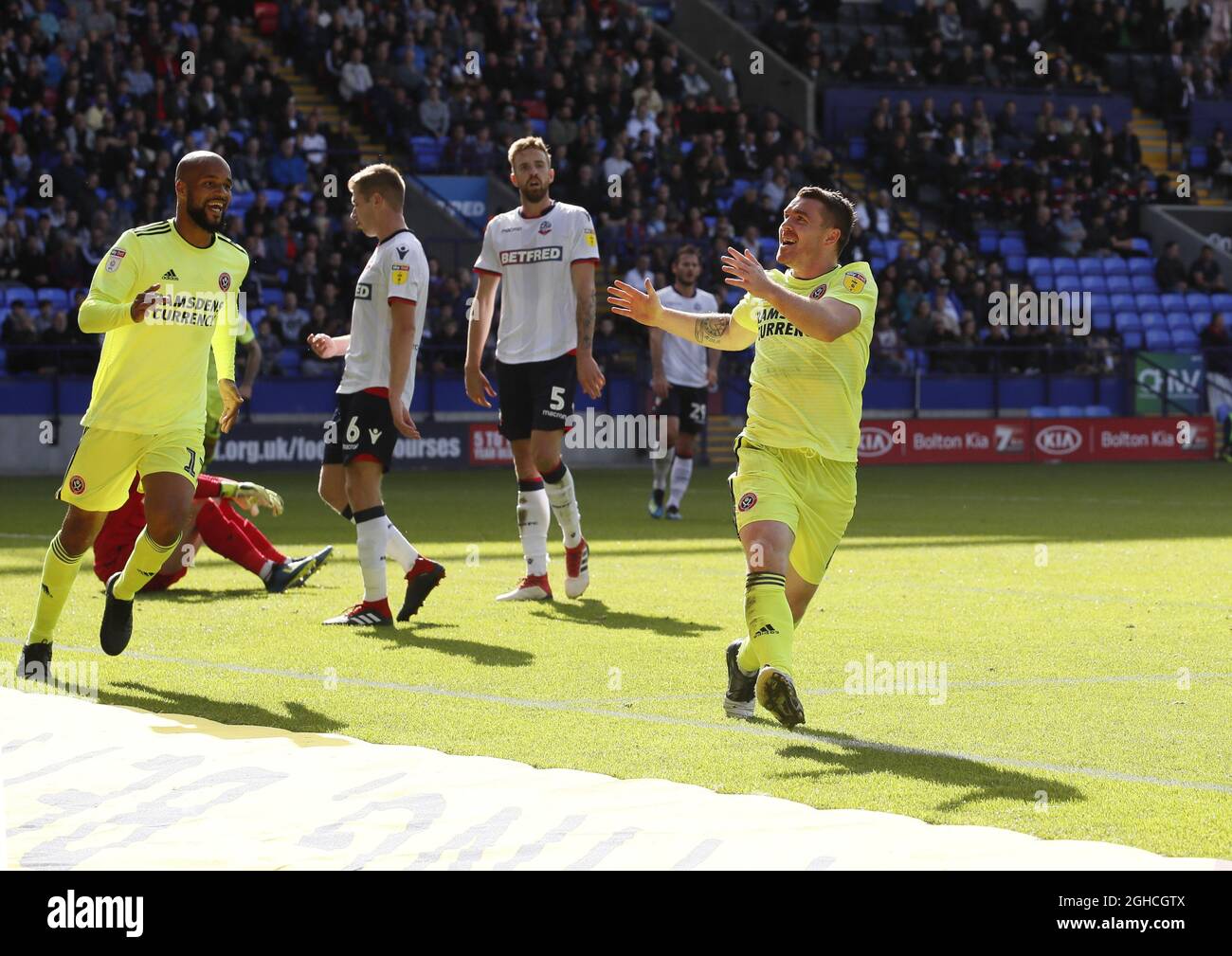 John Fleck, de Sheffield Utd, célèbre le troisième but du match du championnat Sky Bet au stade de l'université de Bolton, à Bolton. Photo date 25 août 2018. Le crédit photo doit se lire comme suit : Simon Bellis/Sportimage via PA Images Banque D'Images