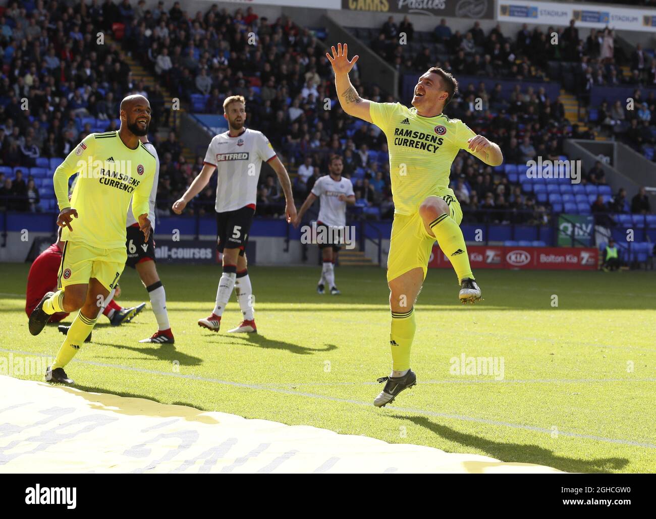 John Fleck, de Sheffield Utd, célèbre le troisième but du match du championnat Sky Bet au stade de l'université de Bolton, à Bolton. Photo date 25 août 2018. Le crédit photo doit se lire comme suit : Simon Bellis/Sportimage via PA Images Banque D'Images