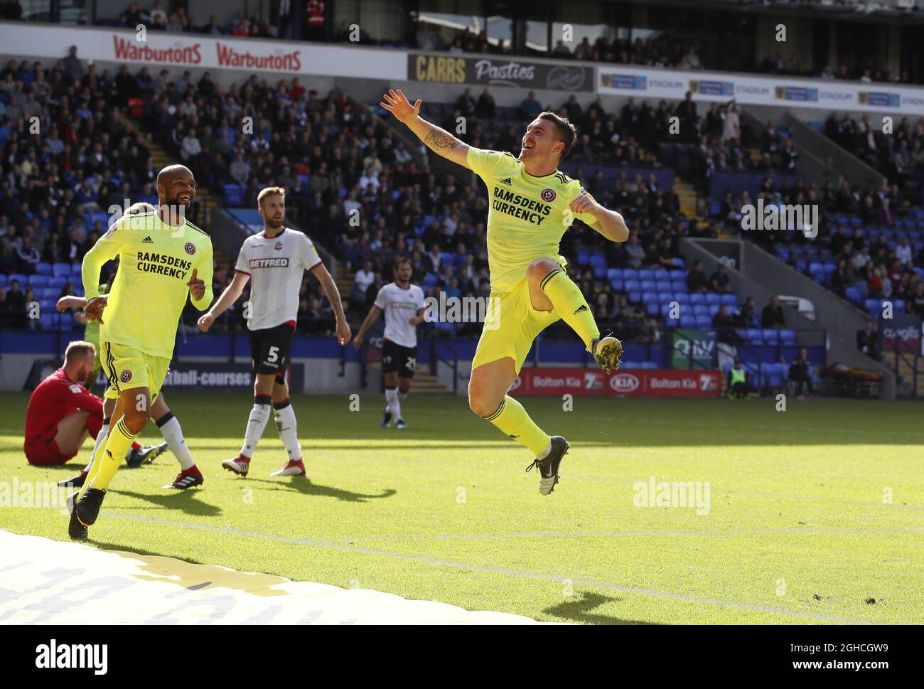 John Fleck, de Sheffield Utd, célèbre le troisième but du match du championnat Sky Bet au stade de l'université de Bolton, à Bolton. Photo date 25 août 2018. Le crédit photo doit se lire comme suit : Simon Bellis/Sportimage via PA Images Banque D'Images