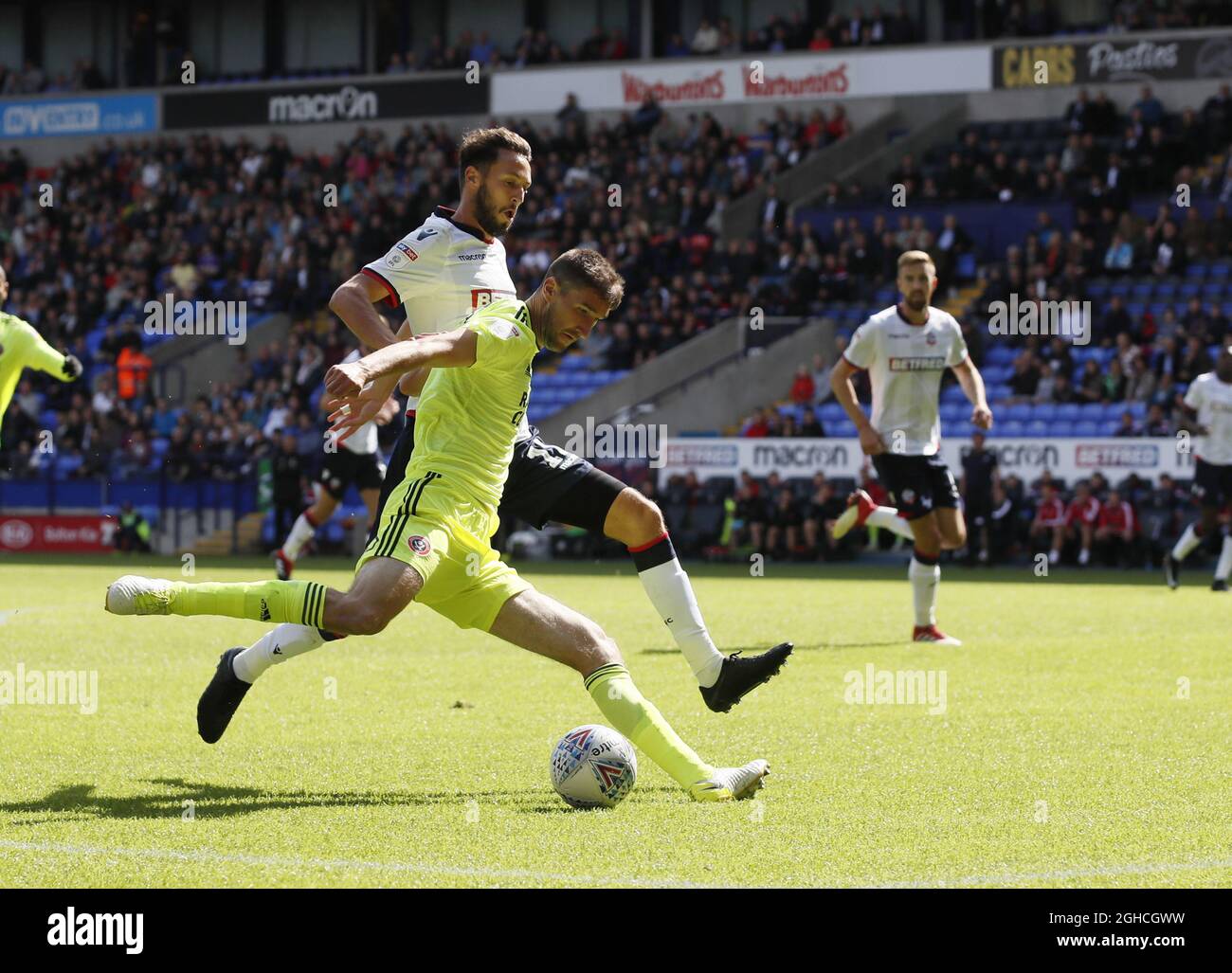 Chris Basham de Sheffield Utd et Buckley de Bolton Wanderers lors du match du championnat Sky Bet au stade de l'université de Bolton, Bolton. Photo date 25 août 2018. Le crédit photo doit se lire comme suit : Simon Bellis/Sportimage via PA Images Banque D'Images