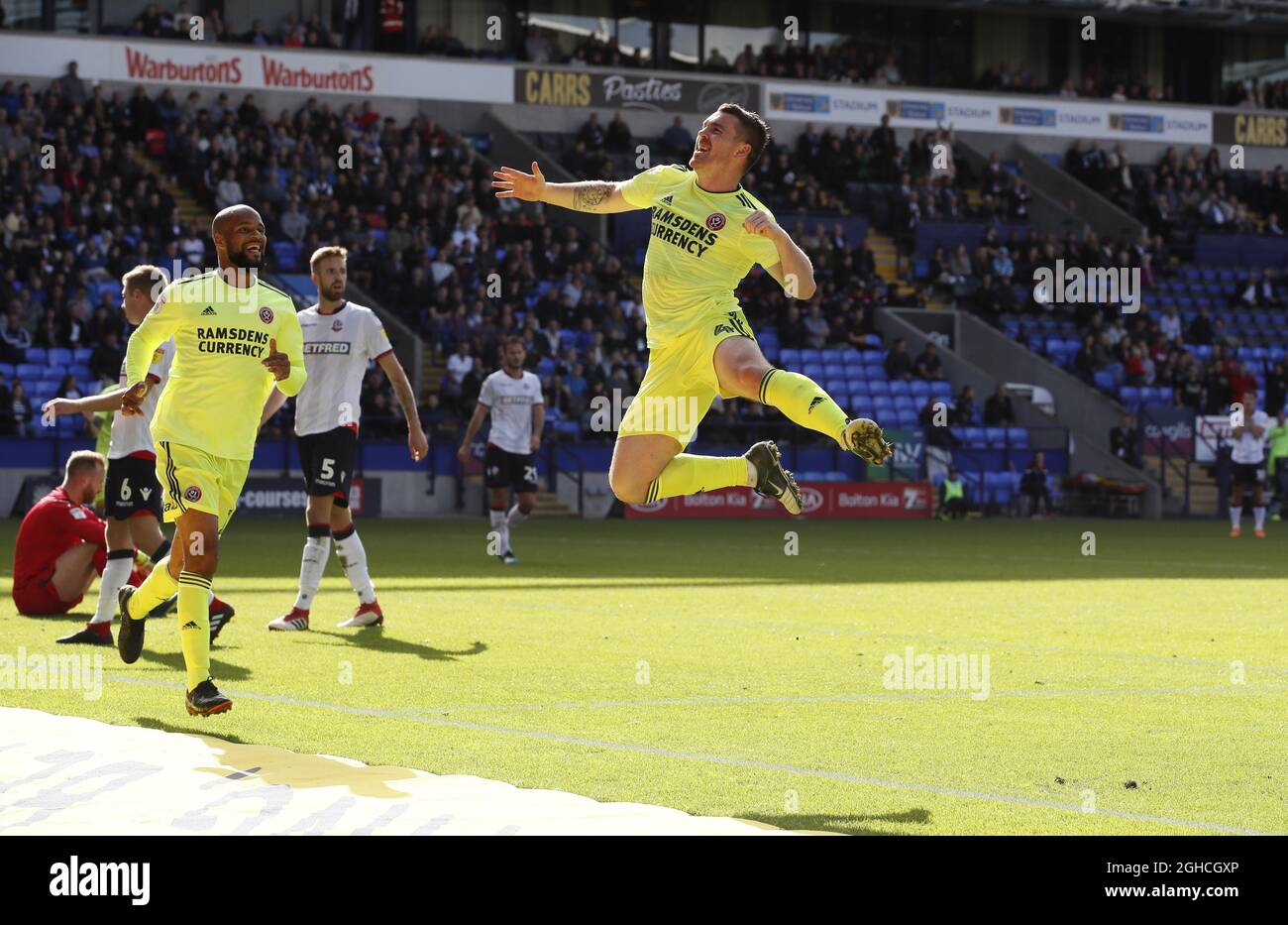 John Fleck, de Sheffield Utd, célèbre le troisième but du match du championnat Sky Bet au stade de l'université de Bolton, à Bolton. Photo date 25 août 2018. Le crédit photo doit se lire comme suit : Simon Bellis/Sportimage via PA Images Banque D'Images