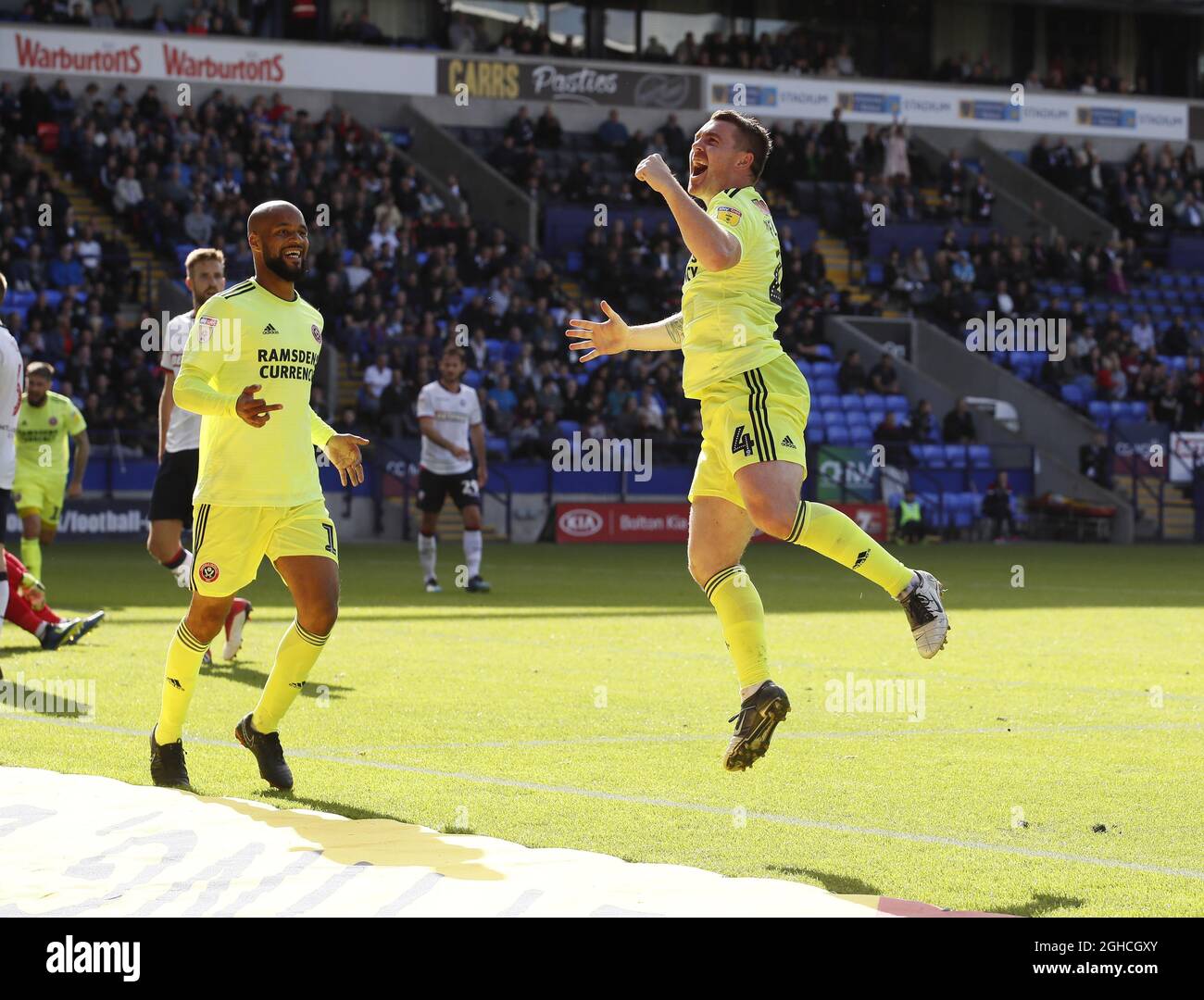 John Fleck, de Sheffield Utd, célèbre le troisième but du match du championnat Sky Bet au stade de l'université de Bolton, à Bolton. Photo date 25 août 2018. Le crédit photo doit se lire comme suit : Simon Bellis/Sportimage via PA Images Banque D'Images