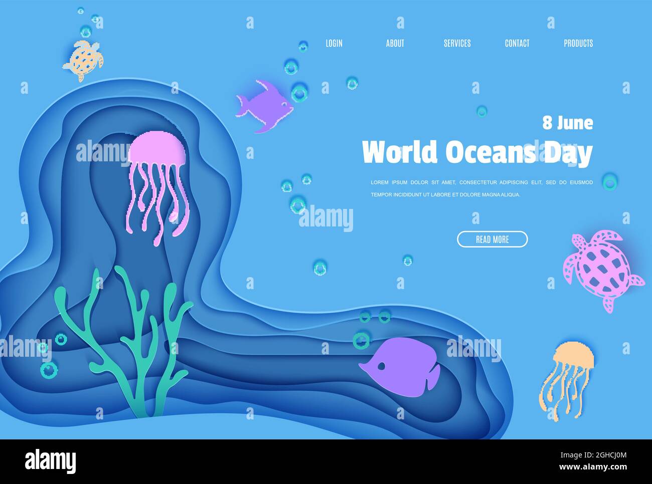Modèle de conception de page Web en papier coupé style sous-marin grotte de l'océan avec poissons récif de corail fonds marins dans les vagues d'algues.Babeurre vectoriel, méduse Illustration de Vecteur