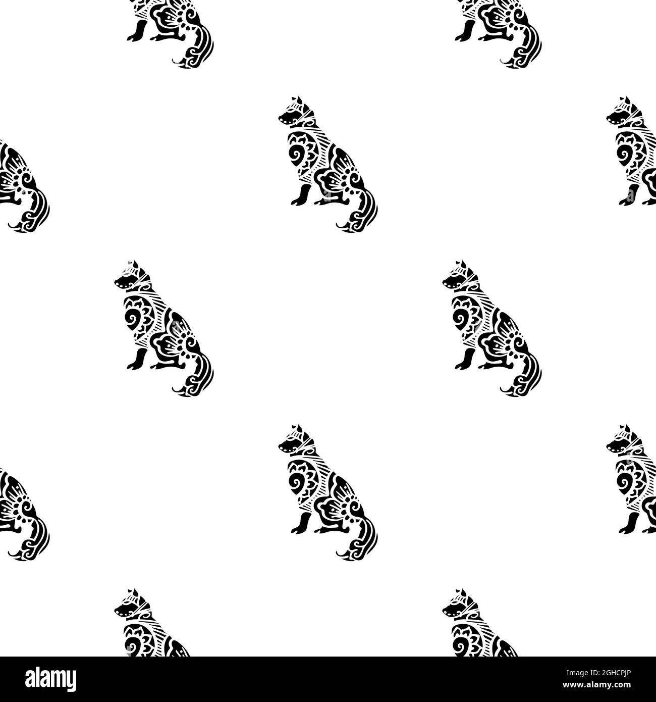 Motif blanc sans couture avec silhouette de loup ou de chien, chien de style mandala. Illustration de Vecteur
