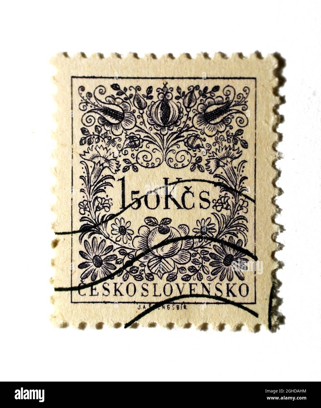 Tchécoslovaquie timbre d'affranchissement attendu 1954, 1,50 Kčs - Koruna tchécoslovaque avec image de motif floral maurien avec inscription 150 KCS et Ceskoslove Banque D'Images