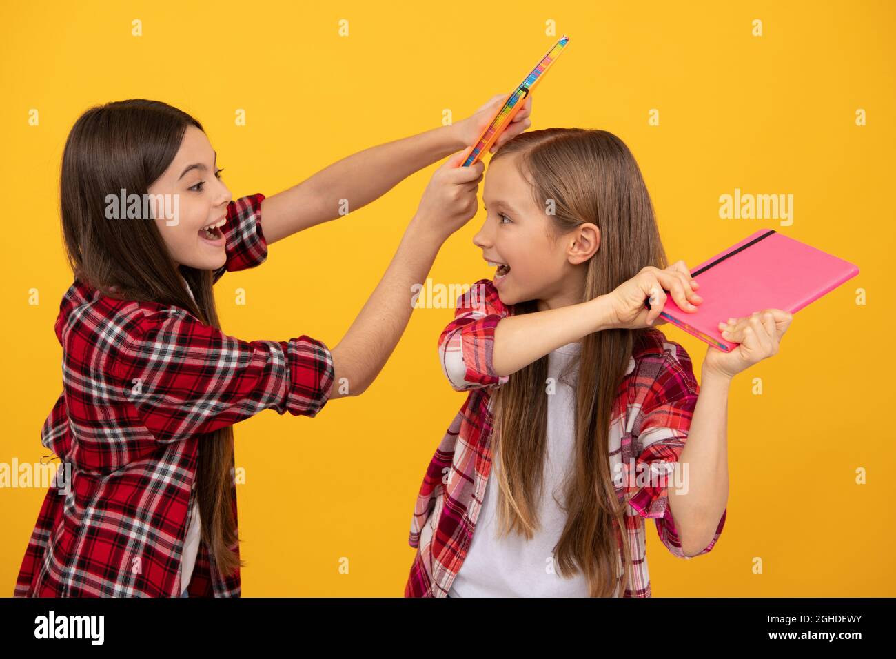 des filles de l'adolescence heureux dans le jeu de chemise à carreaux avec des cahiers, des émotions positives Banque D'Images