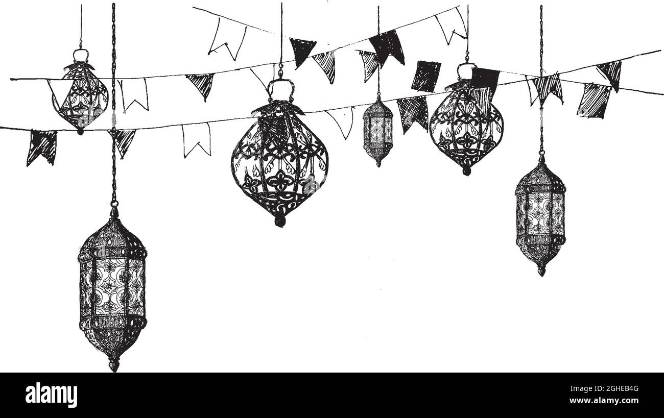 Ramadan Kareem Iftar fête célébration, Eid Al Fitr Mubarak, dessin à la main esquisse illustration du vecteur. Illustration de Vecteur