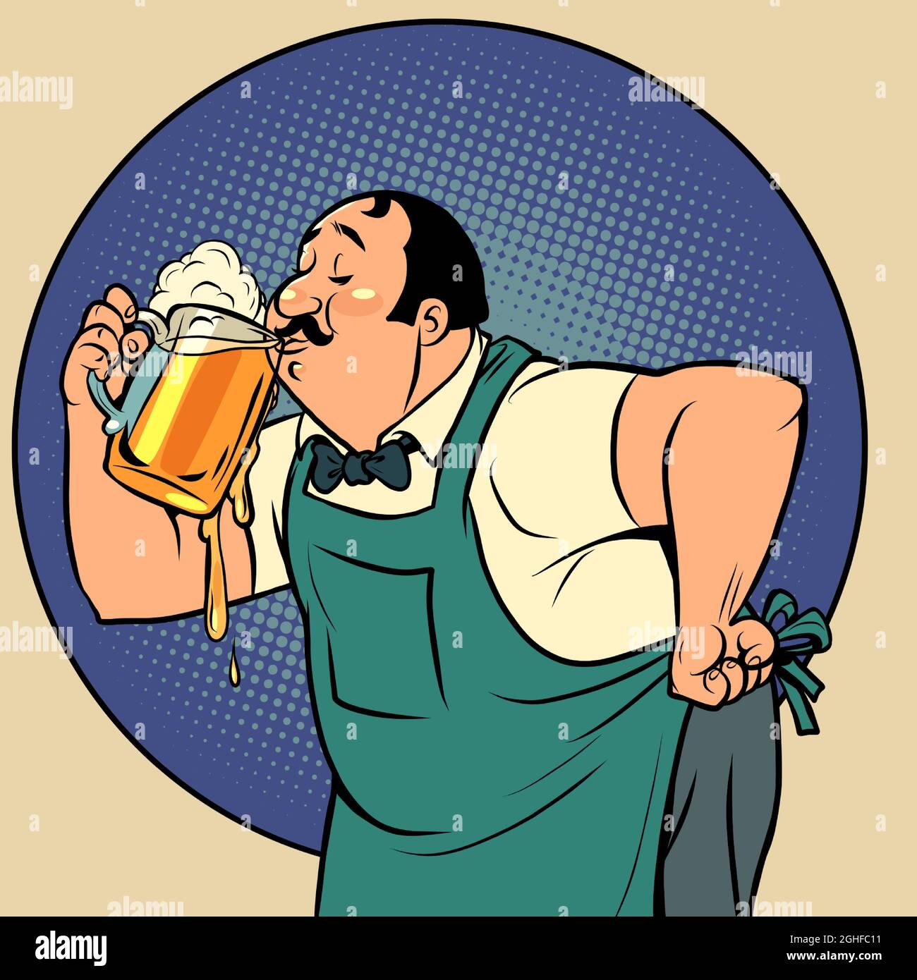 Le barman boit de la bière. Un homme et une boisson à l'eau douce. Pub avec alcool Illustration de Vecteur