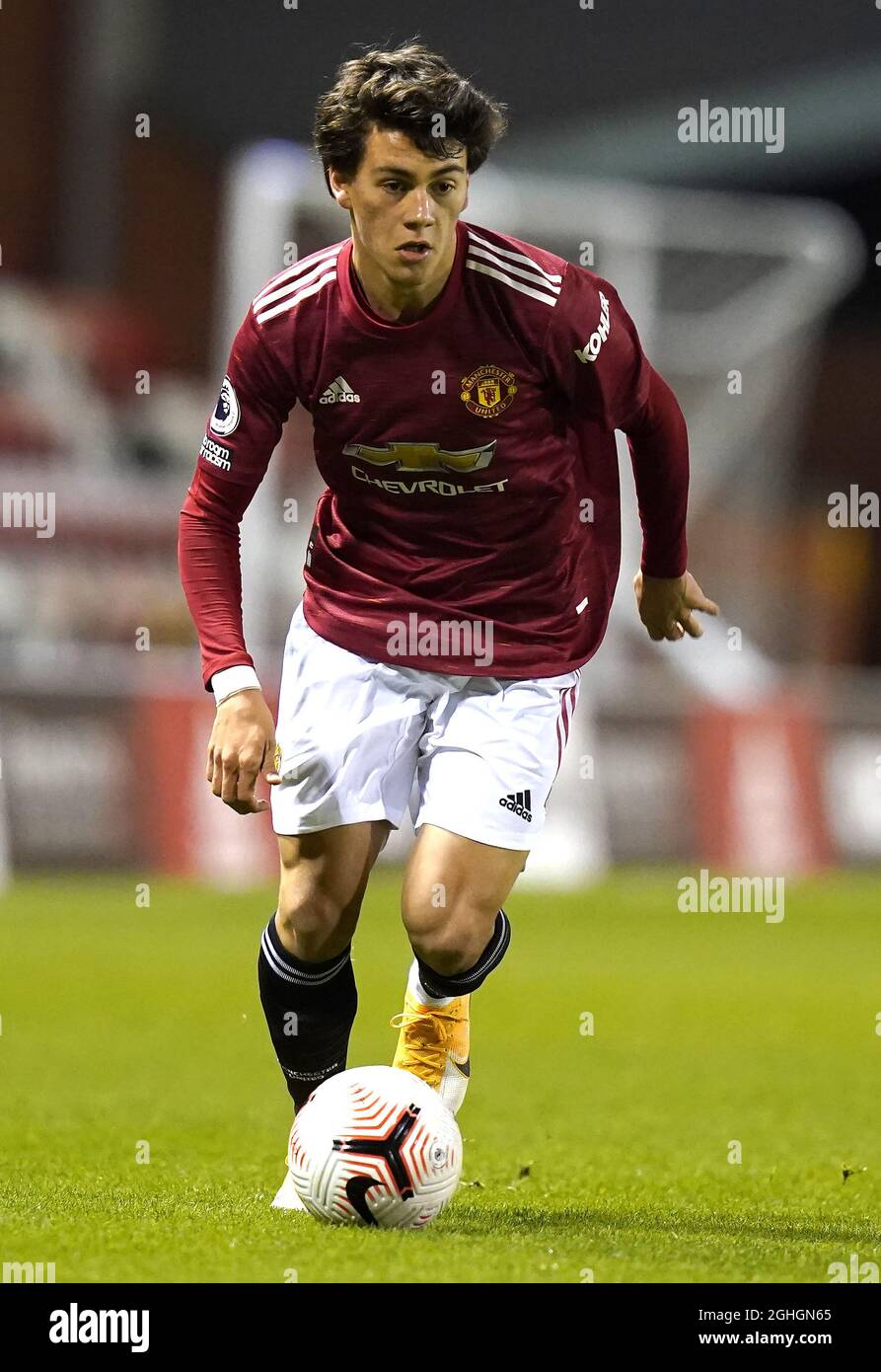 Facundo Pellistri de Manchester United lors du match de la Premier League 2 à Leigh Sports Village, Leigh. Date de la photo : 23 octobre 2020. Le crédit photo doit se lire comme suit : Andrew Yates/Sportimage via PA Images Banque D'Images