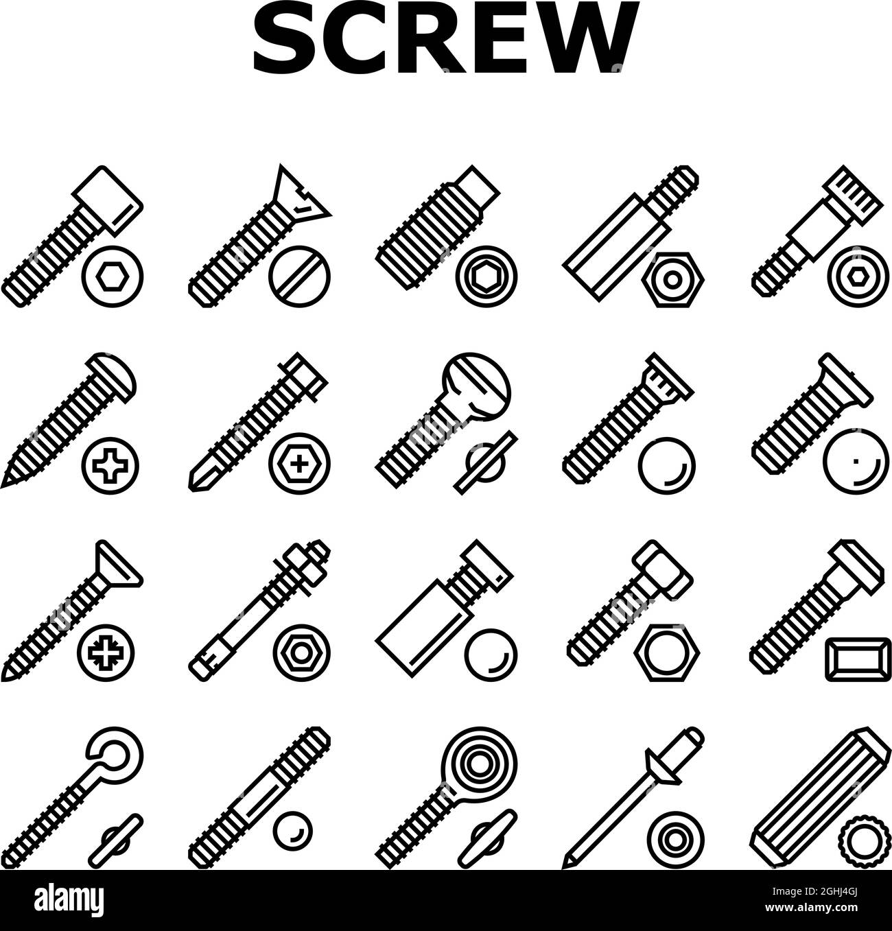 Les icônes des accessoires de construction à vis et à boulons définissent le vecteur Illustration de Vecteur