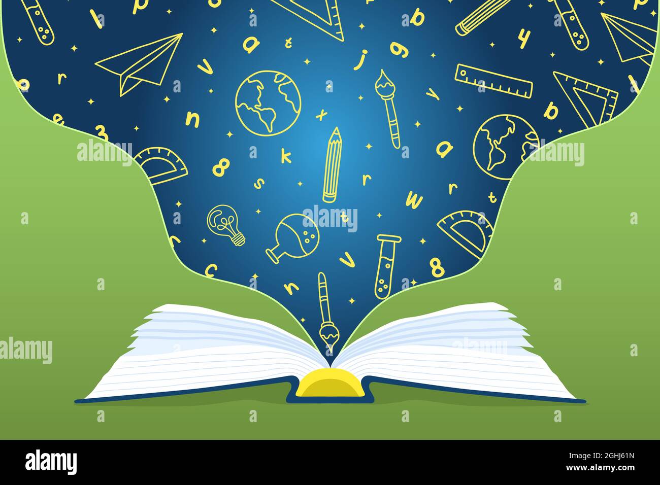 Illustration d'un livre ouvert avec des icônes colorées dessinées à la main sur le thème de l'école secondaire pour l'éducation des enfants ou le concept d'apprentissage des élèves. Design moderne et plat Illustration de Vecteur